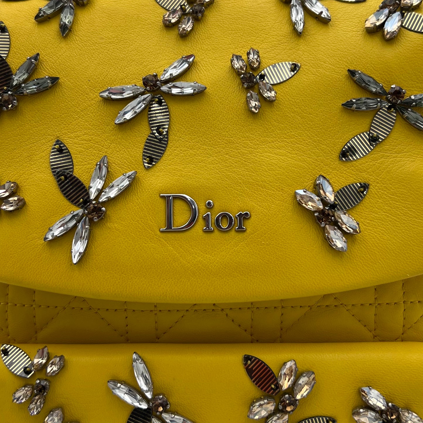 Christian Dior Yellow Lambskin Cannage Crystal Dragonfly Stardust Backpack