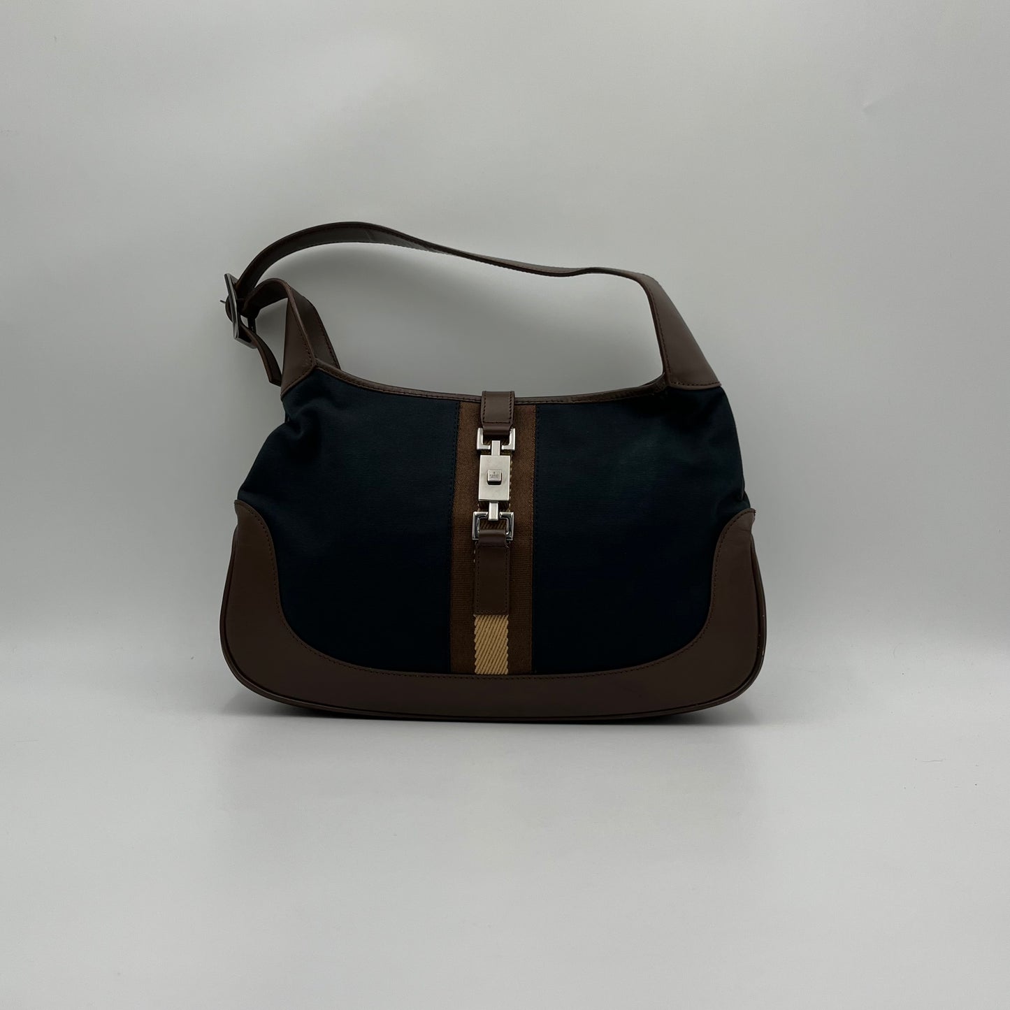 Gucci Black Canvas Neutral Sherryline Brown Leather Jackie O
