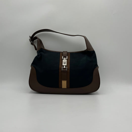 Gucci Black Canvas Neutral Sherryline Brown Leather Jackie O