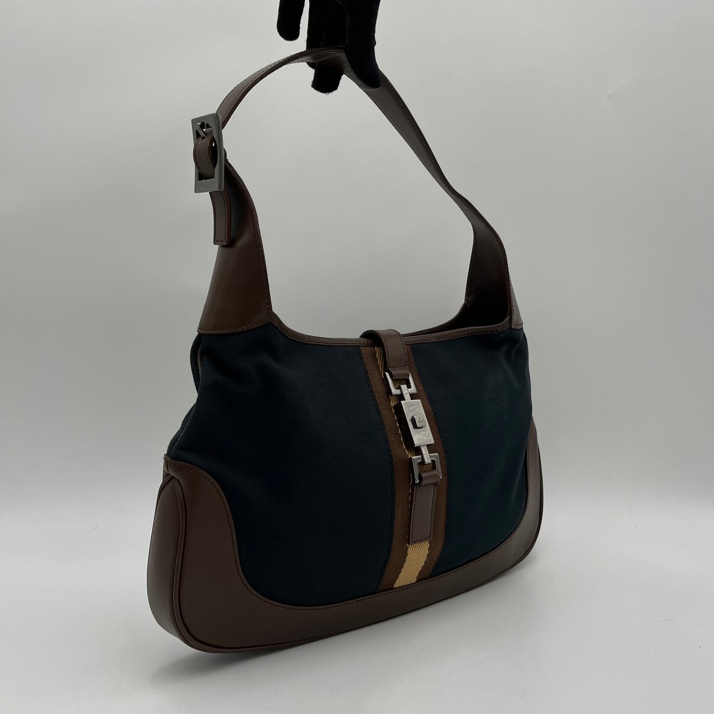 Gucci Black Canvas Neutral Sherryline Brown Leather Jackie O