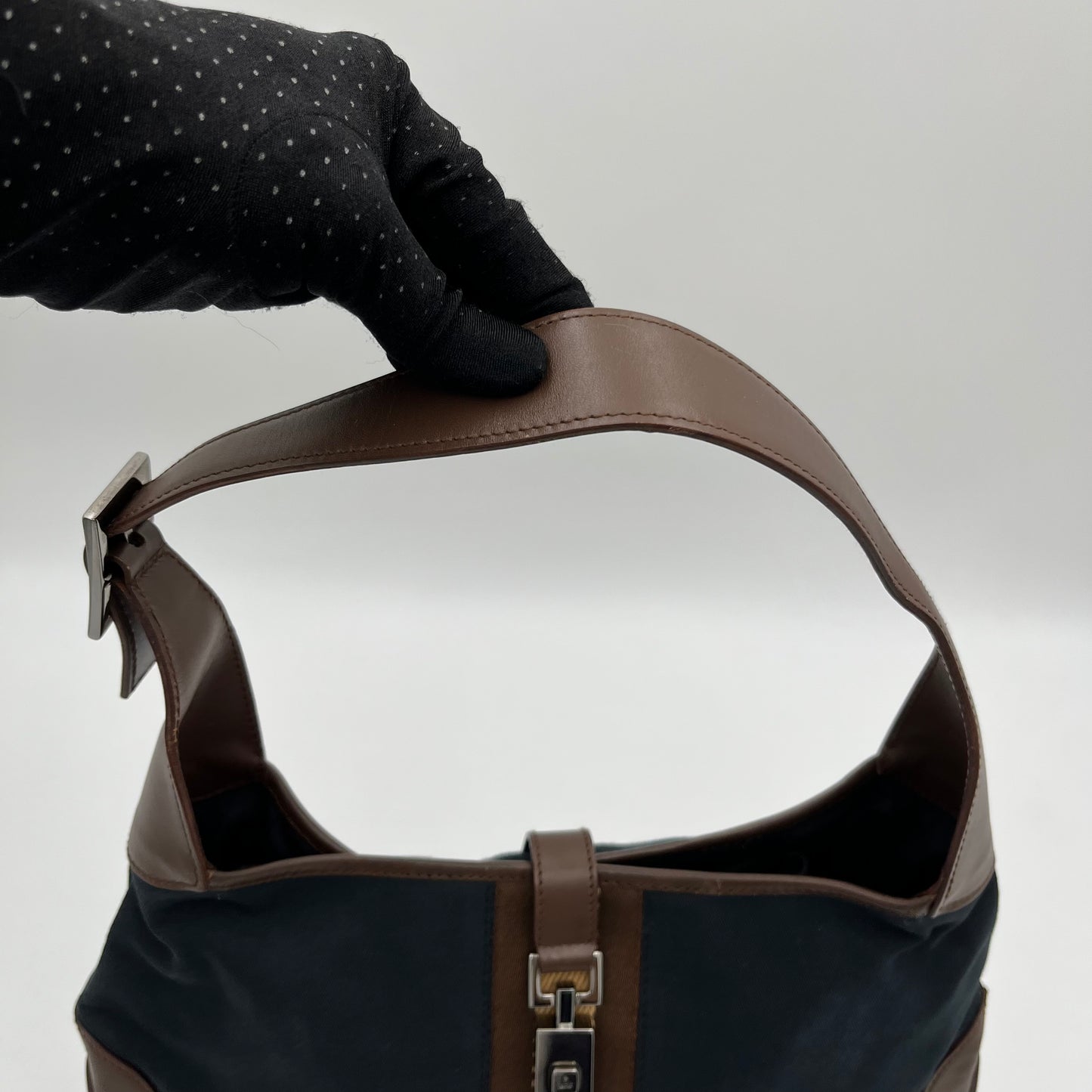 Gucci Black Canvas Neutral Sherryline Brown Leather Jackie O