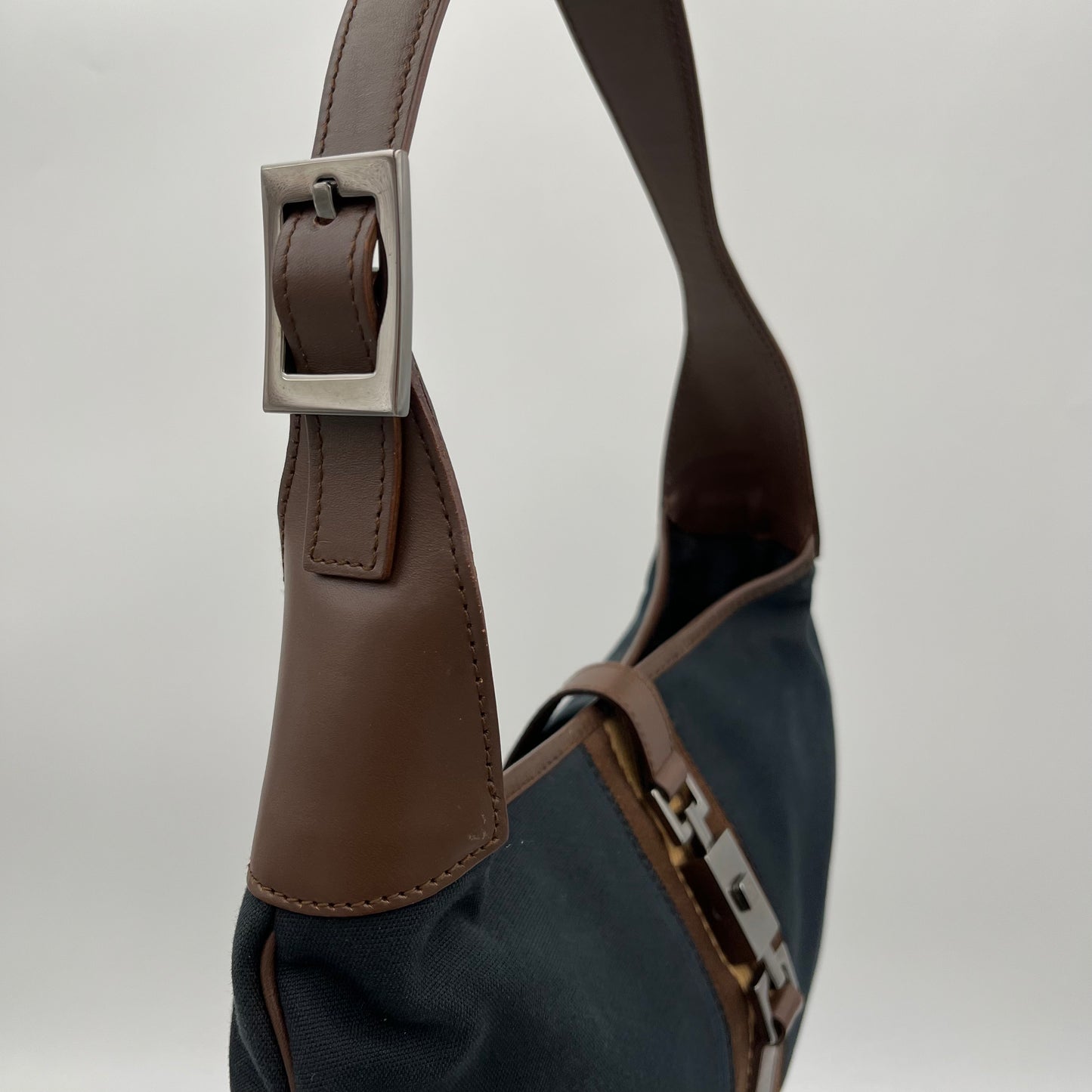 Gucci Black Canvas Neutral Sherryline Brown Leather Jackie O