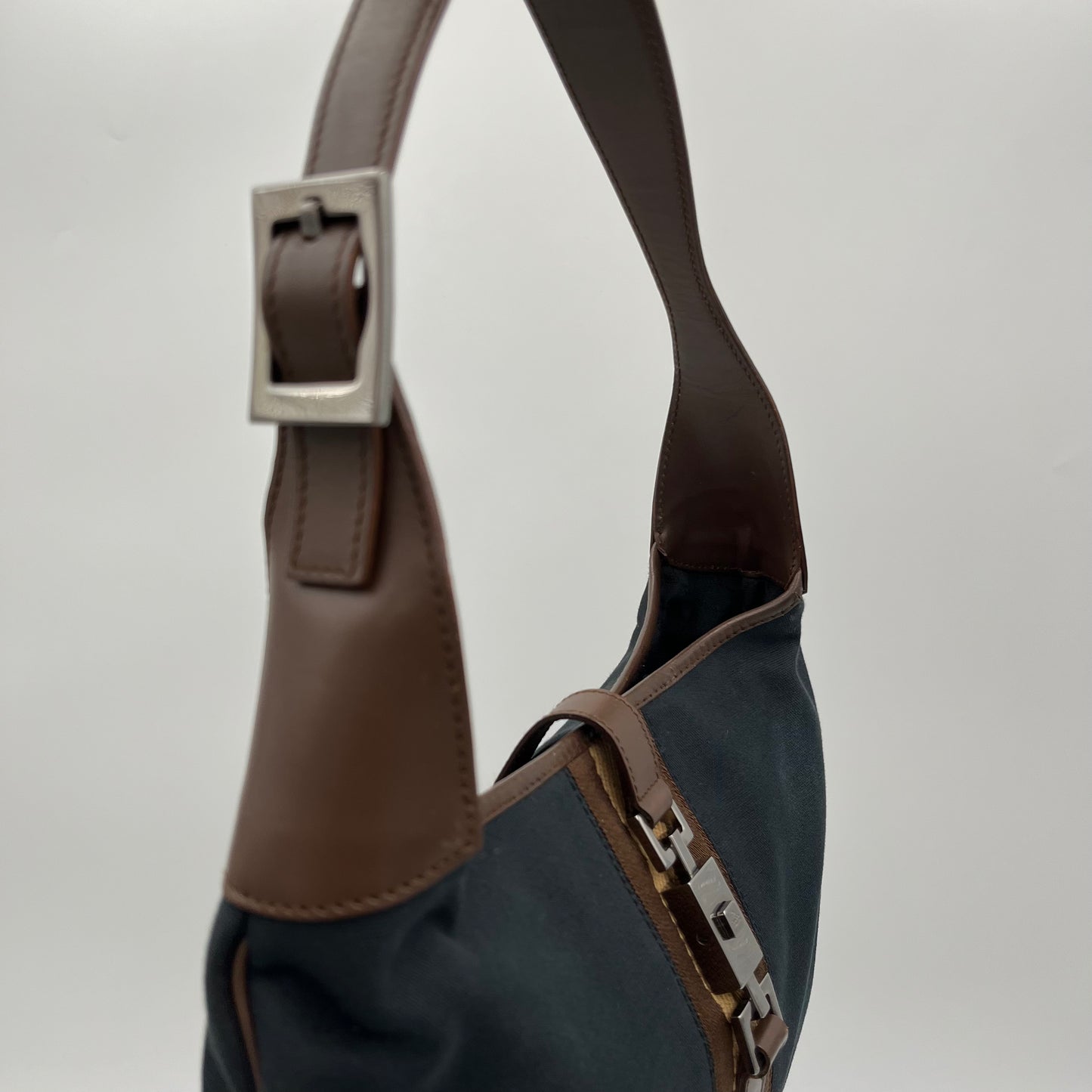 Gucci Black Canvas Neutral Sherryline Brown Leather Jackie O