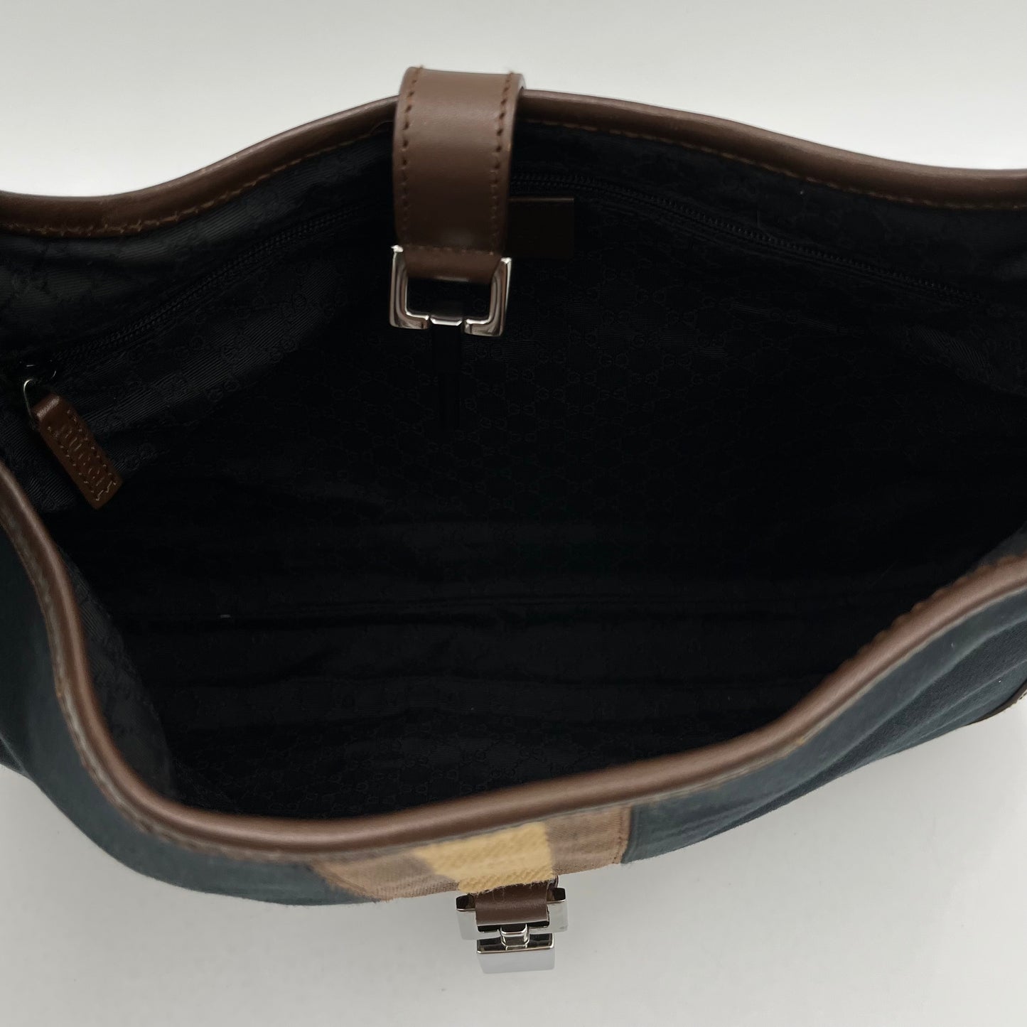 Gucci Black Canvas Neutral Sherryline Brown Leather Jackie O