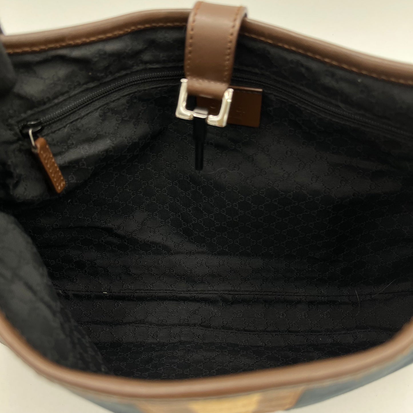 Gucci Black Canvas Neutral Sherryline Brown Leather Jackie O