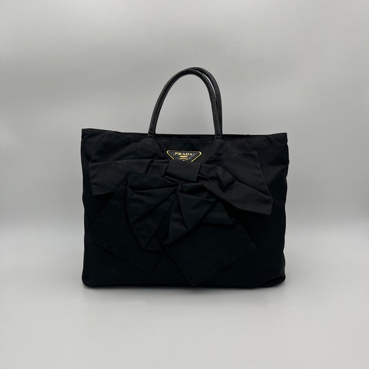 Prada Black Tessuto and Patent Leather Bow Tote Bag