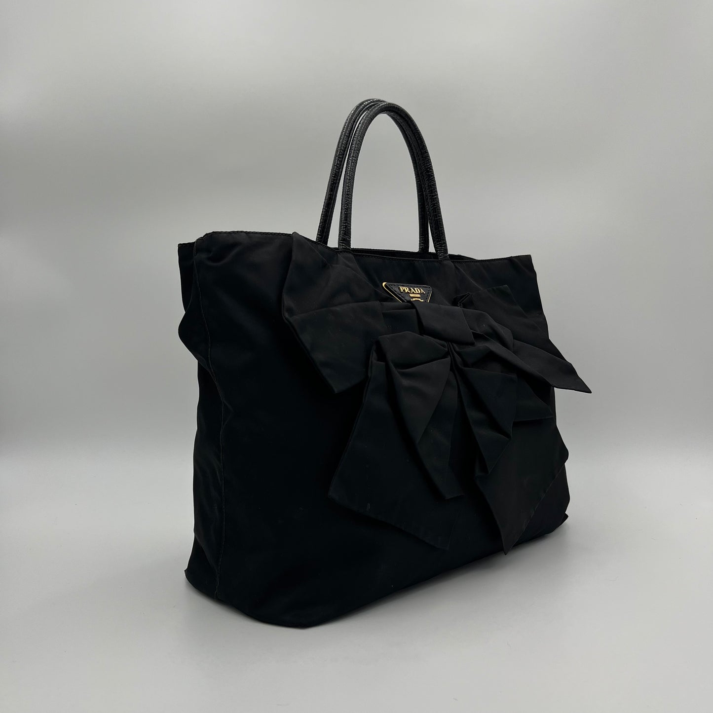 Prada Black Tessuto and Patent Leather Bow Tote Bag