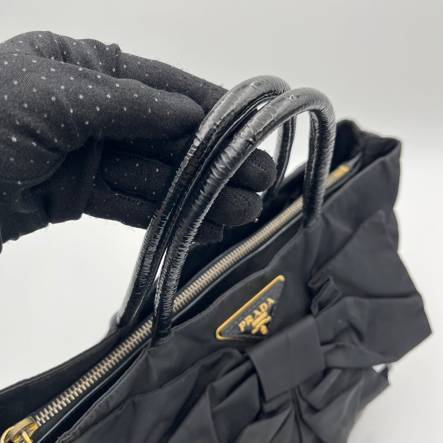 Prada Black Tessuto and Patent Leather Bow Tote Bag