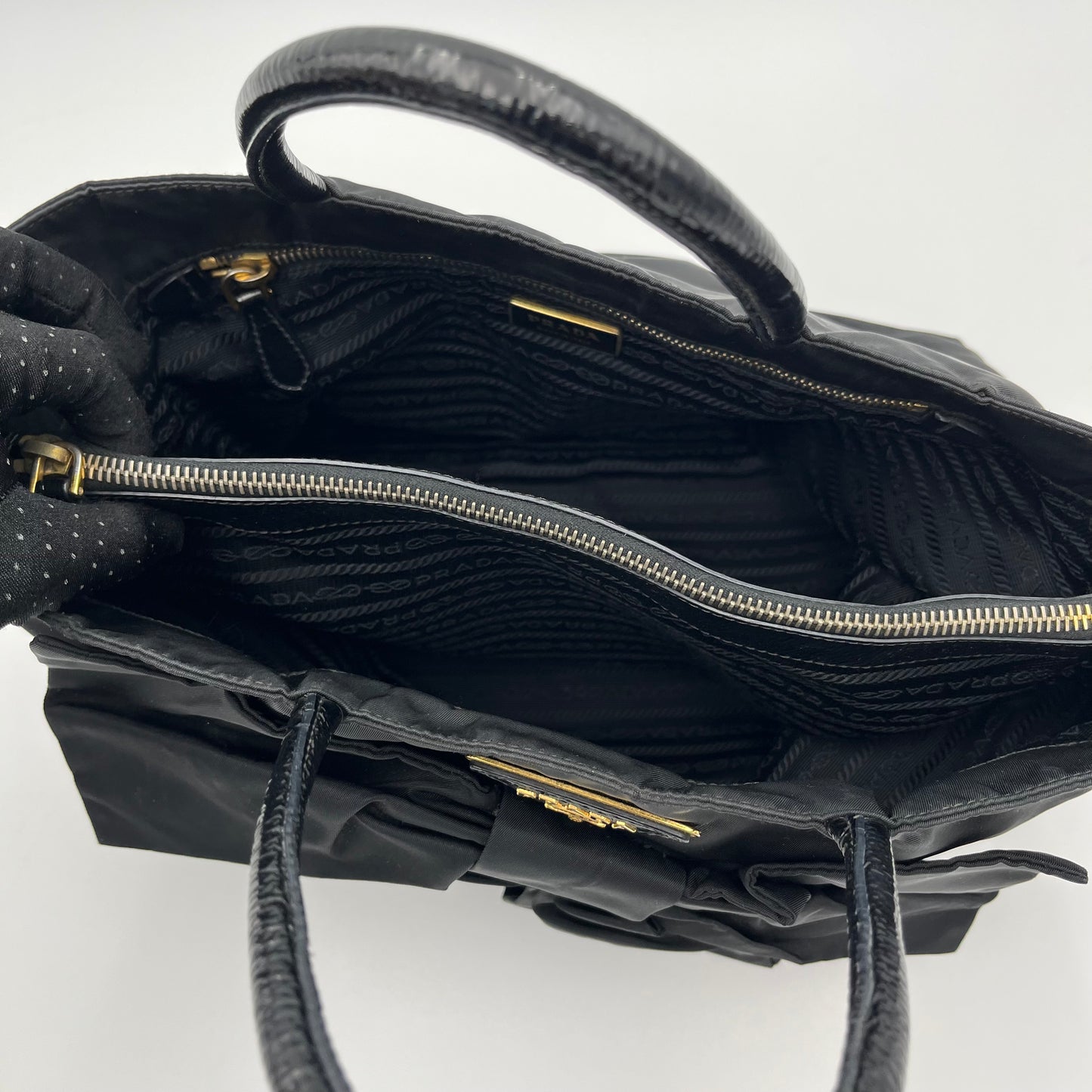 Prada Black Tessuto and Patent Leather Bow Tote Bag