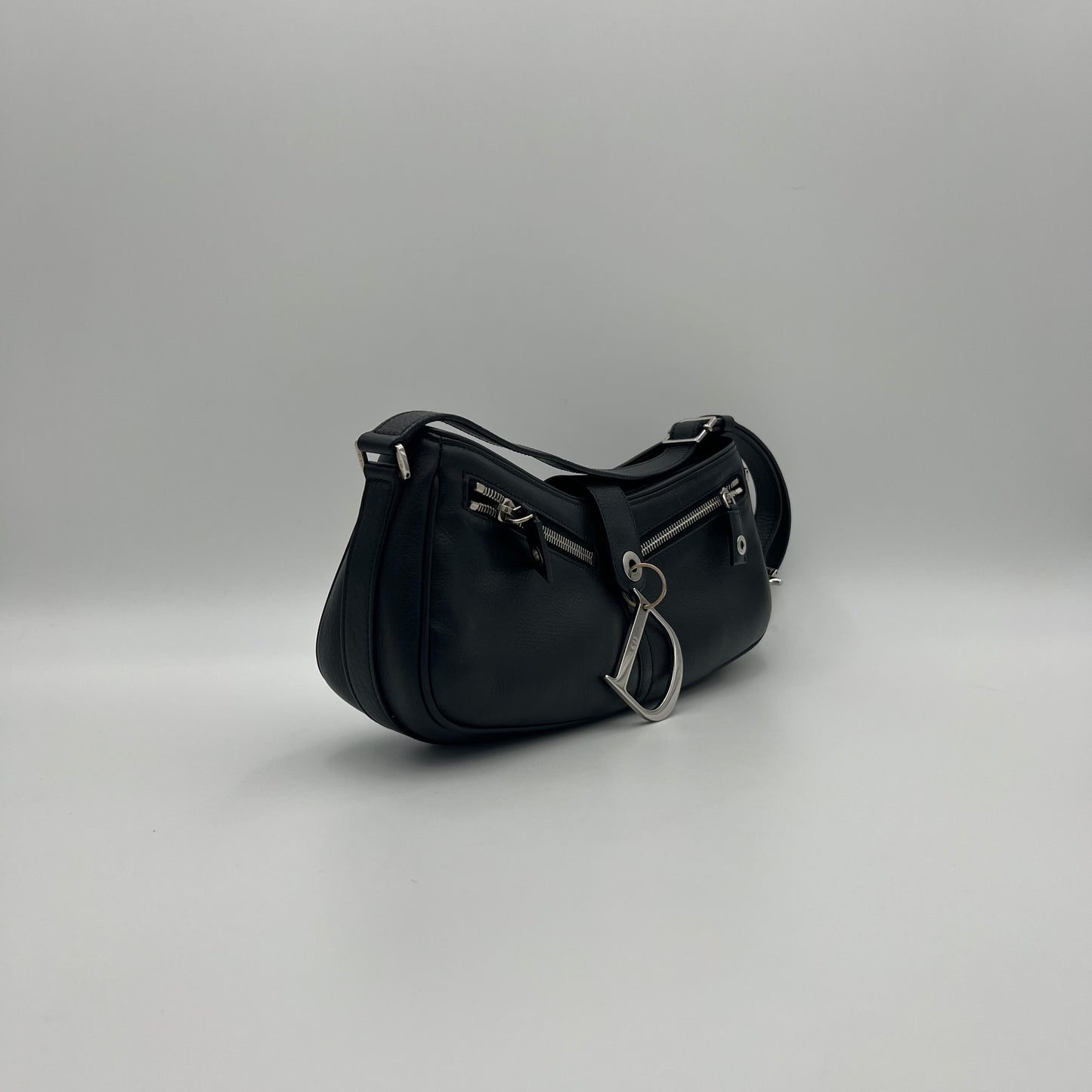 Christian Dior Black Leather D Charm Spellout Shoulder Bag