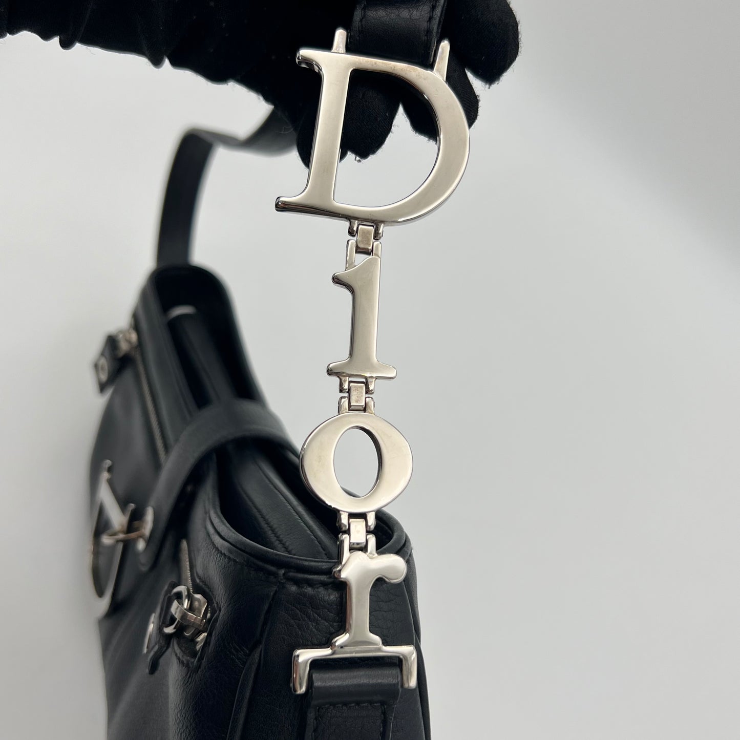 Christian Dior Black Leather D Charm Spellout Shoulder Bag