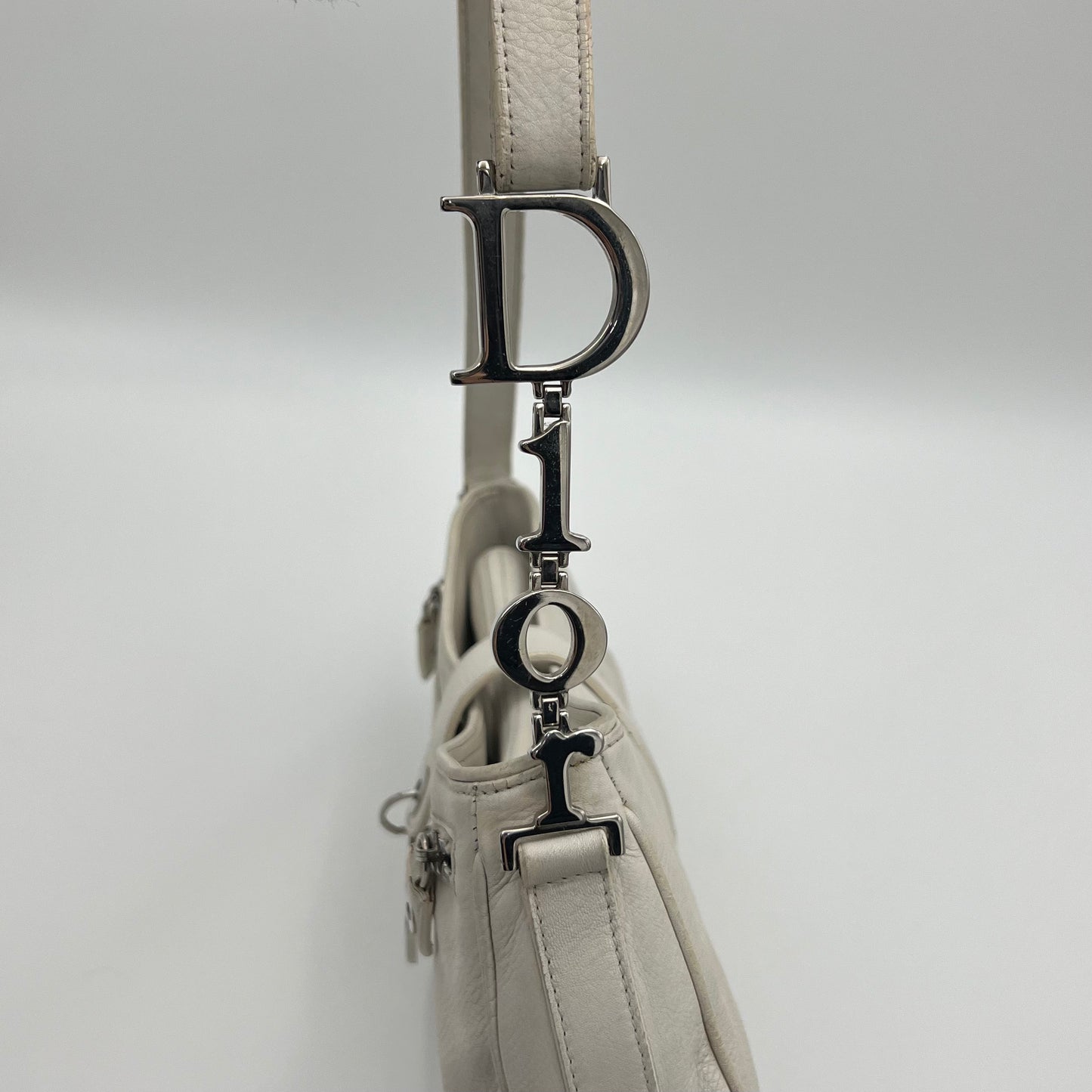 Christian Dior White Leather D Charm Spellout Shoulder Bag