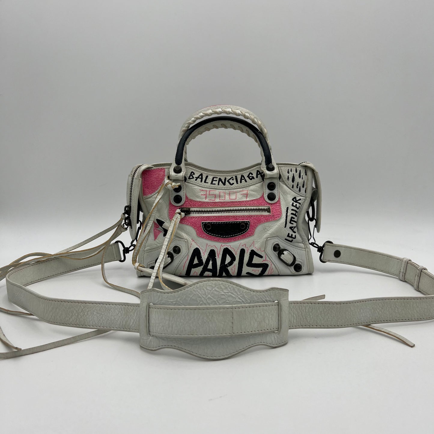 Balenciaga White Leather Black and Pink Graffiti Classic Mini City