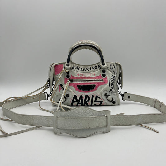 Balenciaga White Leather Black and Pink Graffiti Classic Mini City