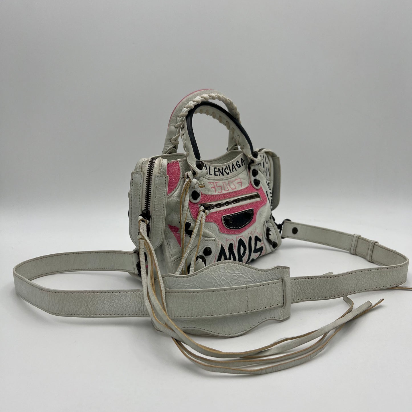 Balenciaga White Leather Black and Pink Graffiti Classic Mini City