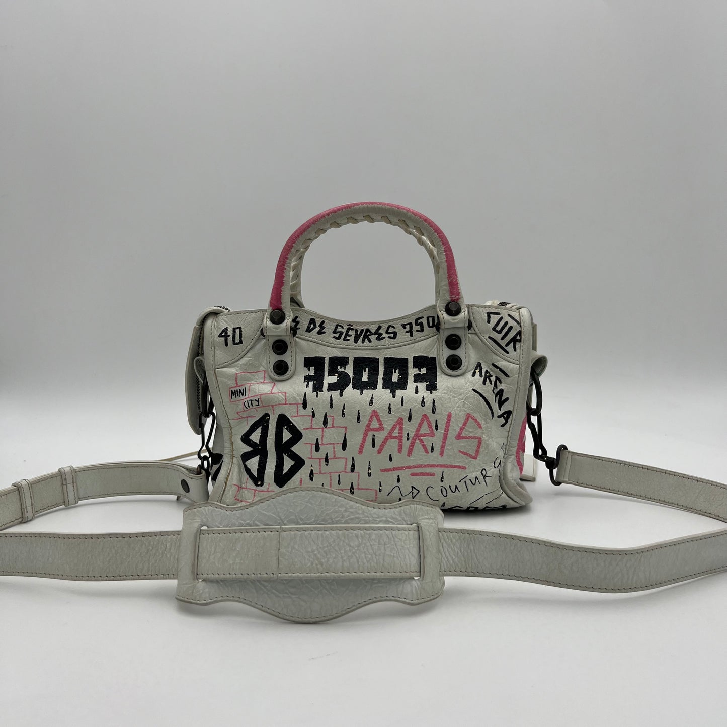 Balenciaga White Leather Black and Pink Graffiti Classic Mini City