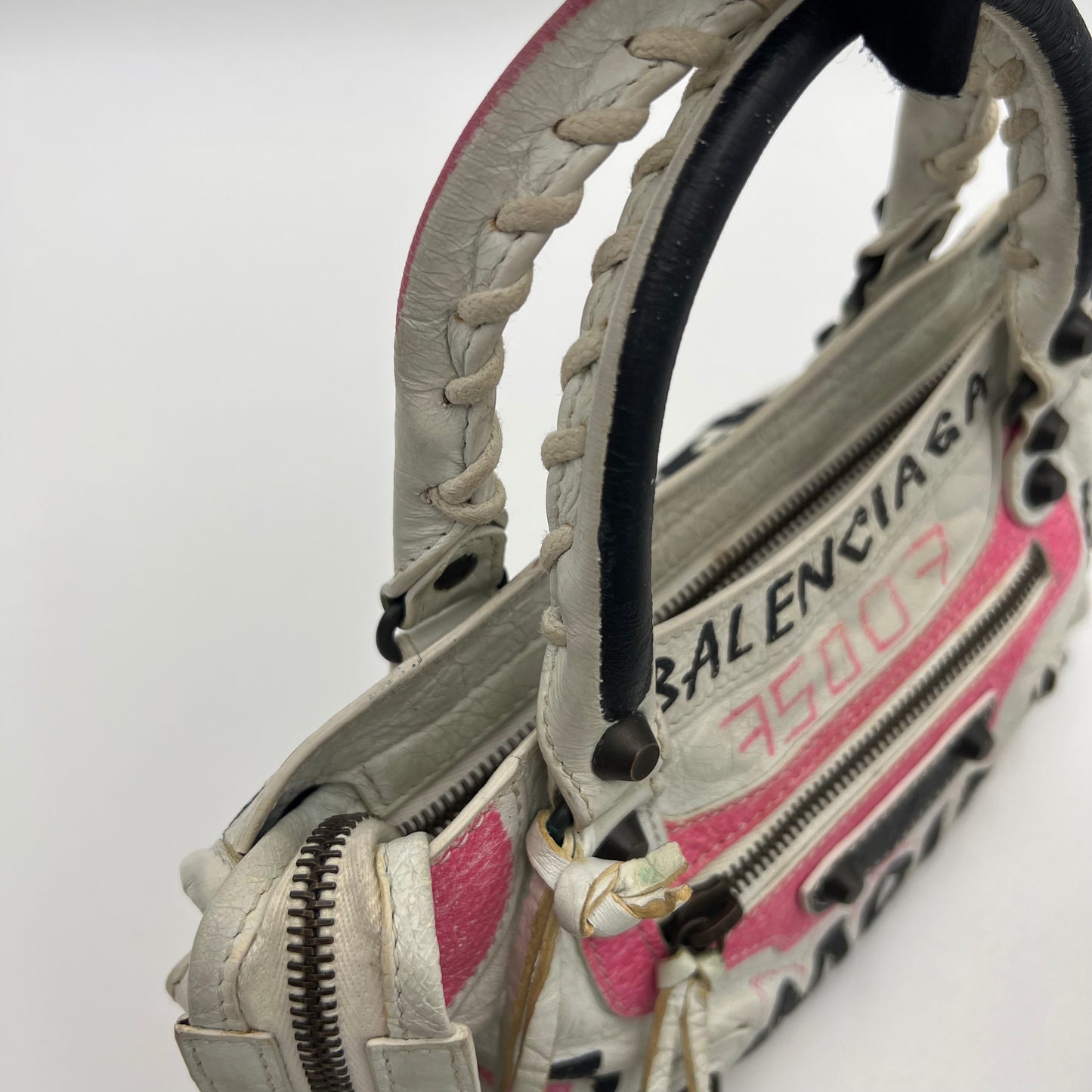 Balenciaga White Leather Black and Pink Graffiti Classic Mini City