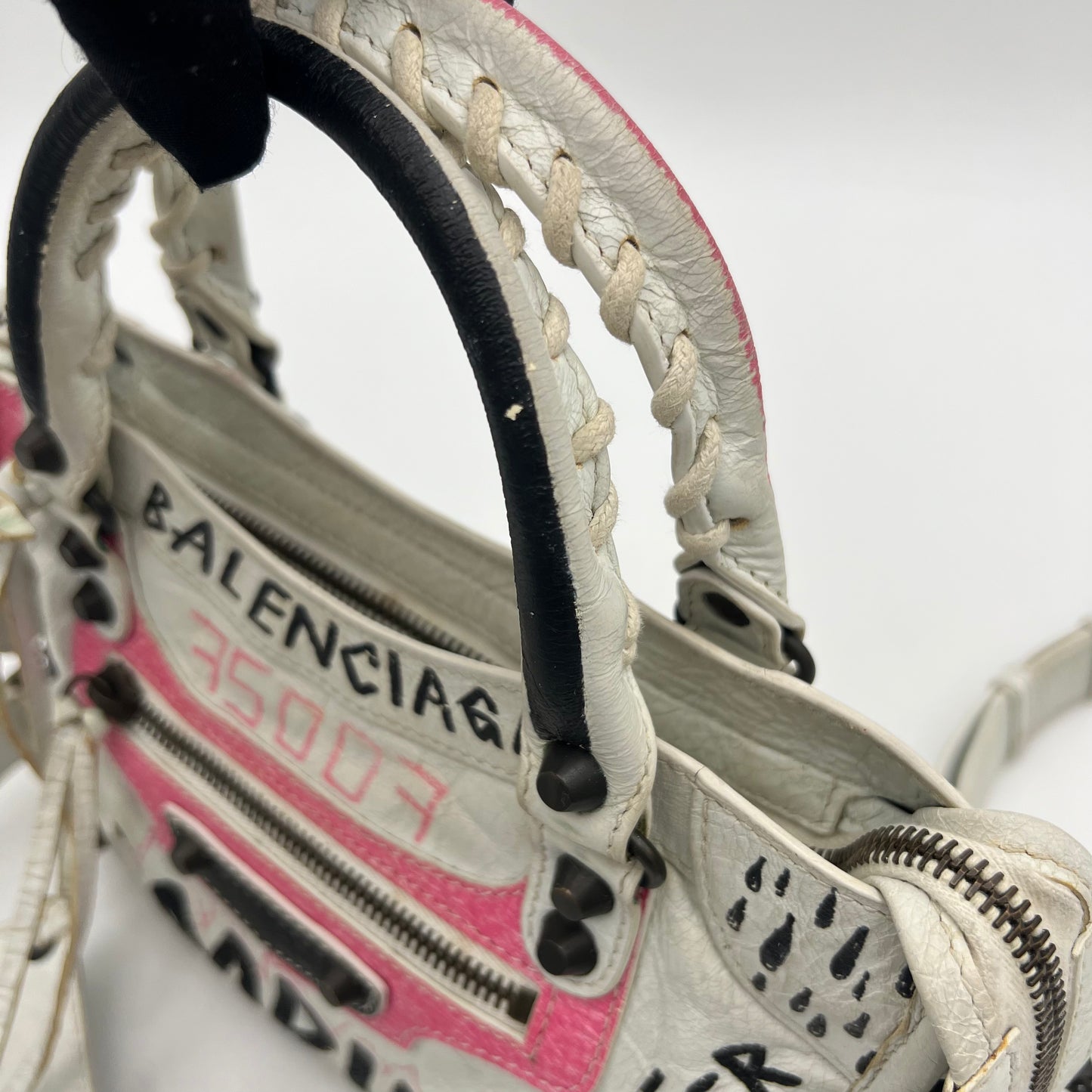 Balenciaga White Leather Black and Pink Graffiti Classic Mini City