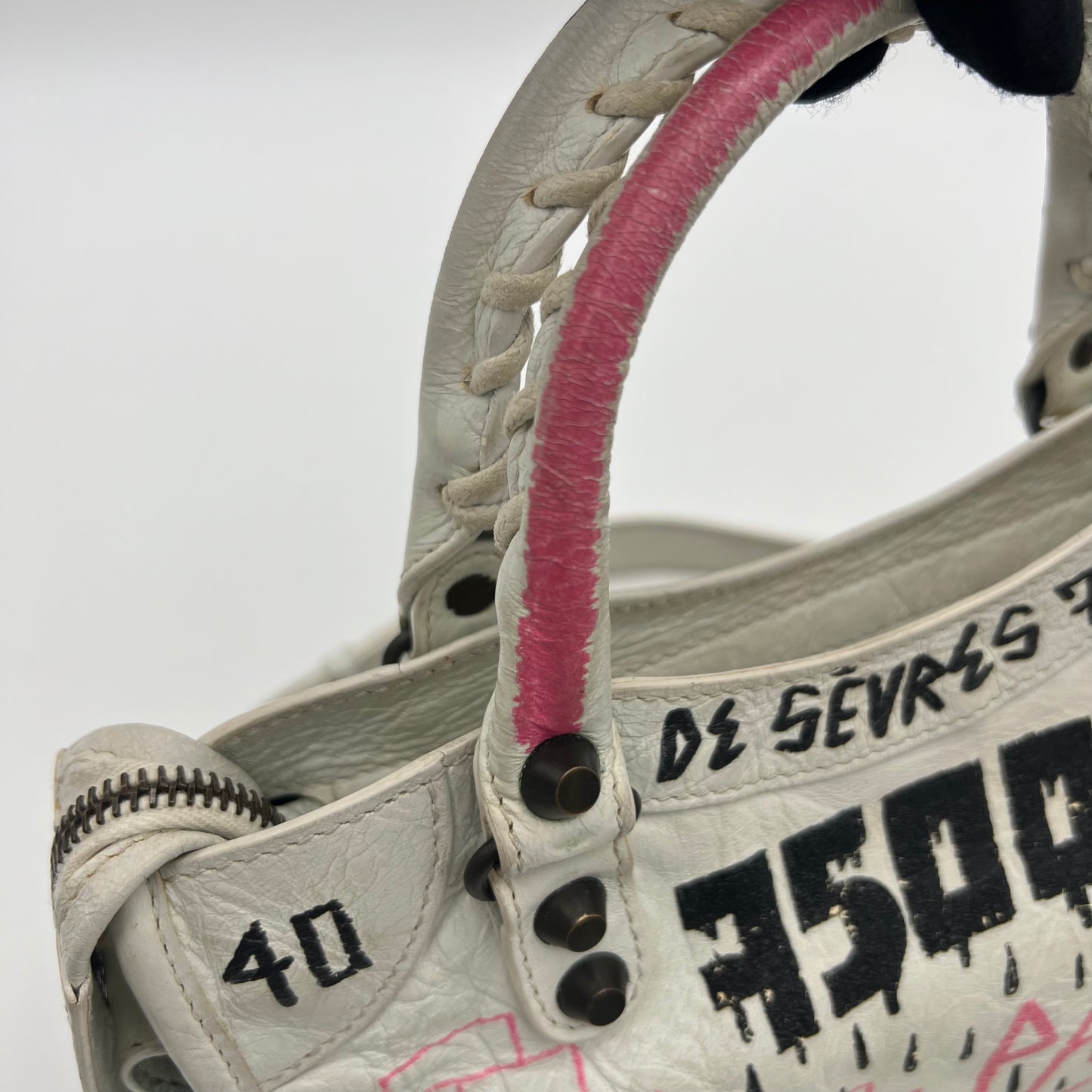 Balenciaga White Leather Black and Pink Graffiti Classic Mini City