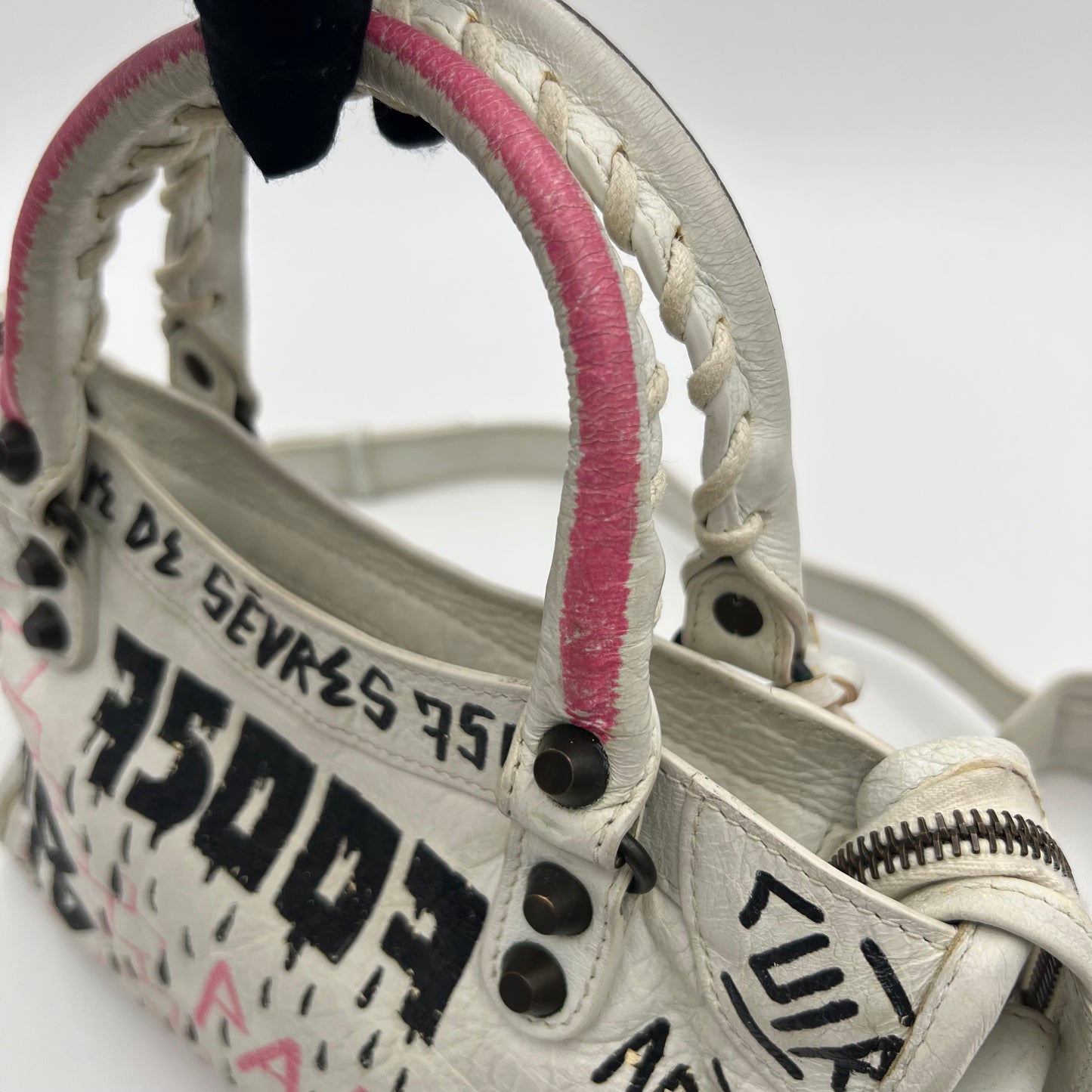 Balenciaga White Leather Black and Pink Graffiti Classic Mini City