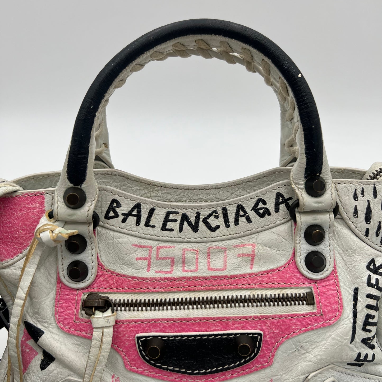 Balenciaga White Leather Black and Pink Graffiti Classic Mini City