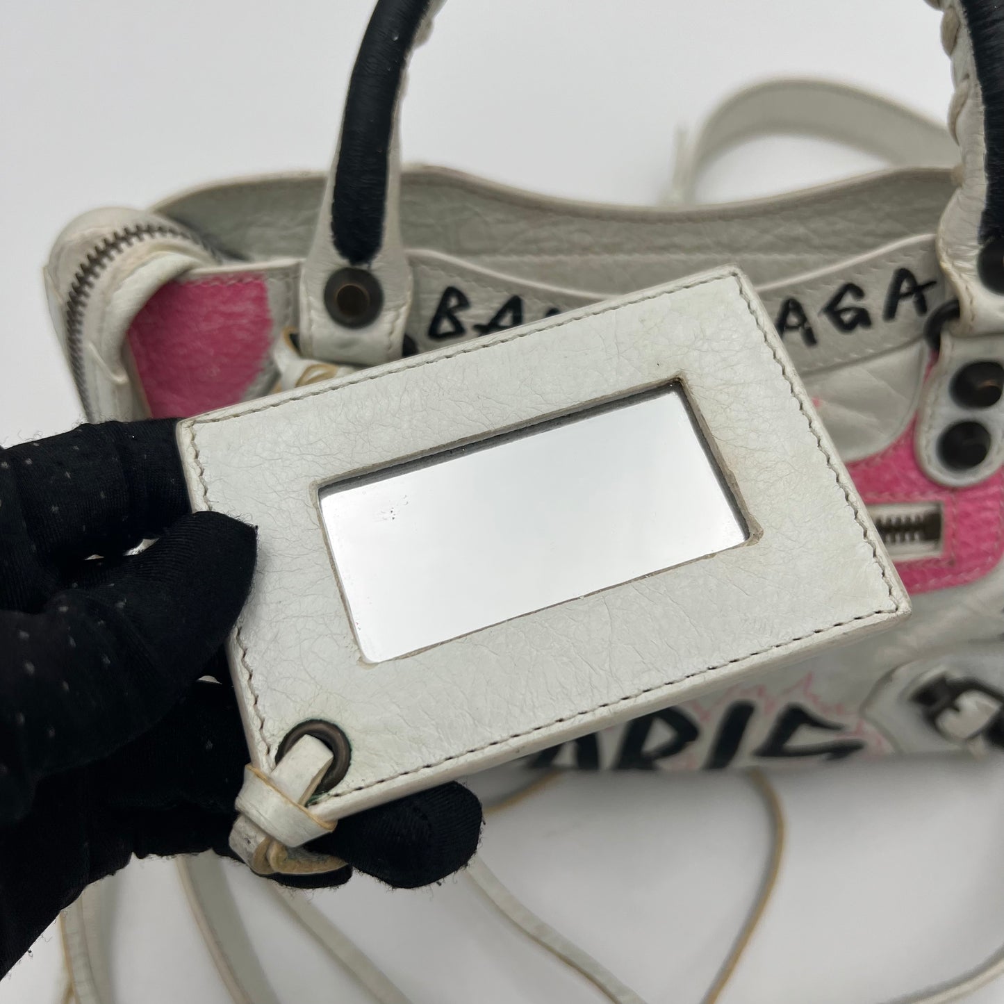 Balenciaga White Leather Black and Pink Graffiti Classic Mini City