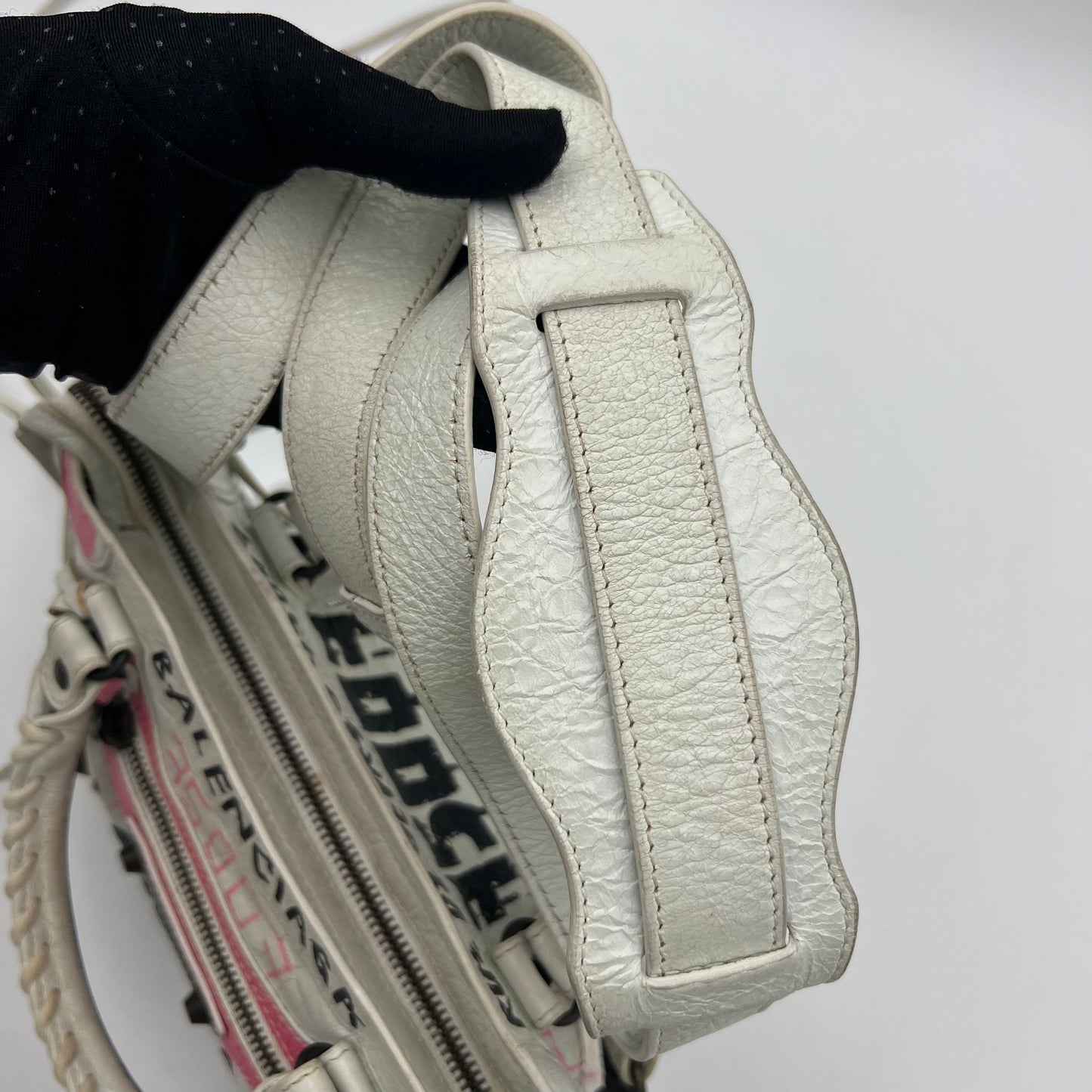 Balenciaga White Leather Black and Pink Graffiti Classic Mini City