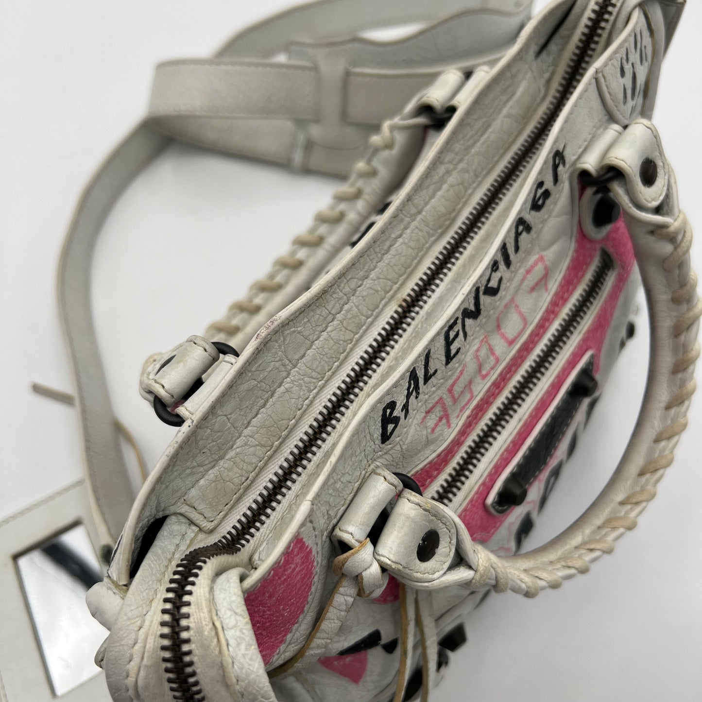 Balenciaga White Leather Black and Pink Graffiti Classic Mini City