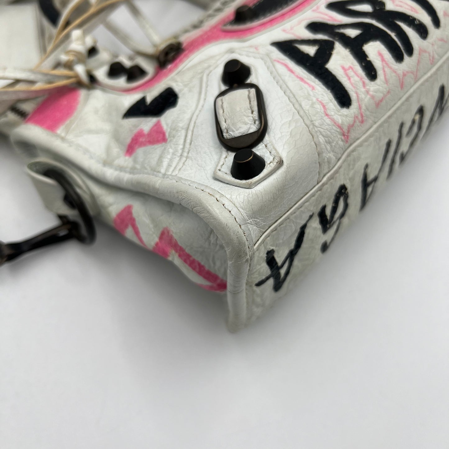 Balenciaga White Leather Black and Pink Graffiti Classic Mini City