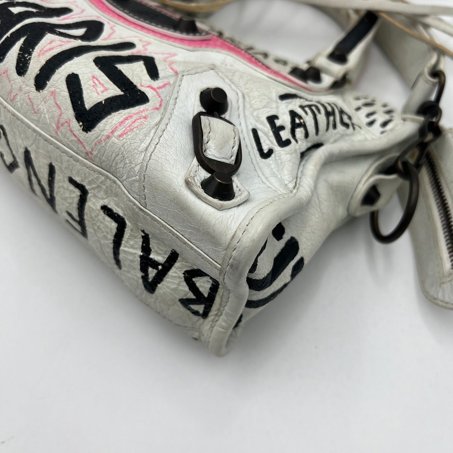 Balenciaga White Leather Black and Pink Graffiti Classic Mini City