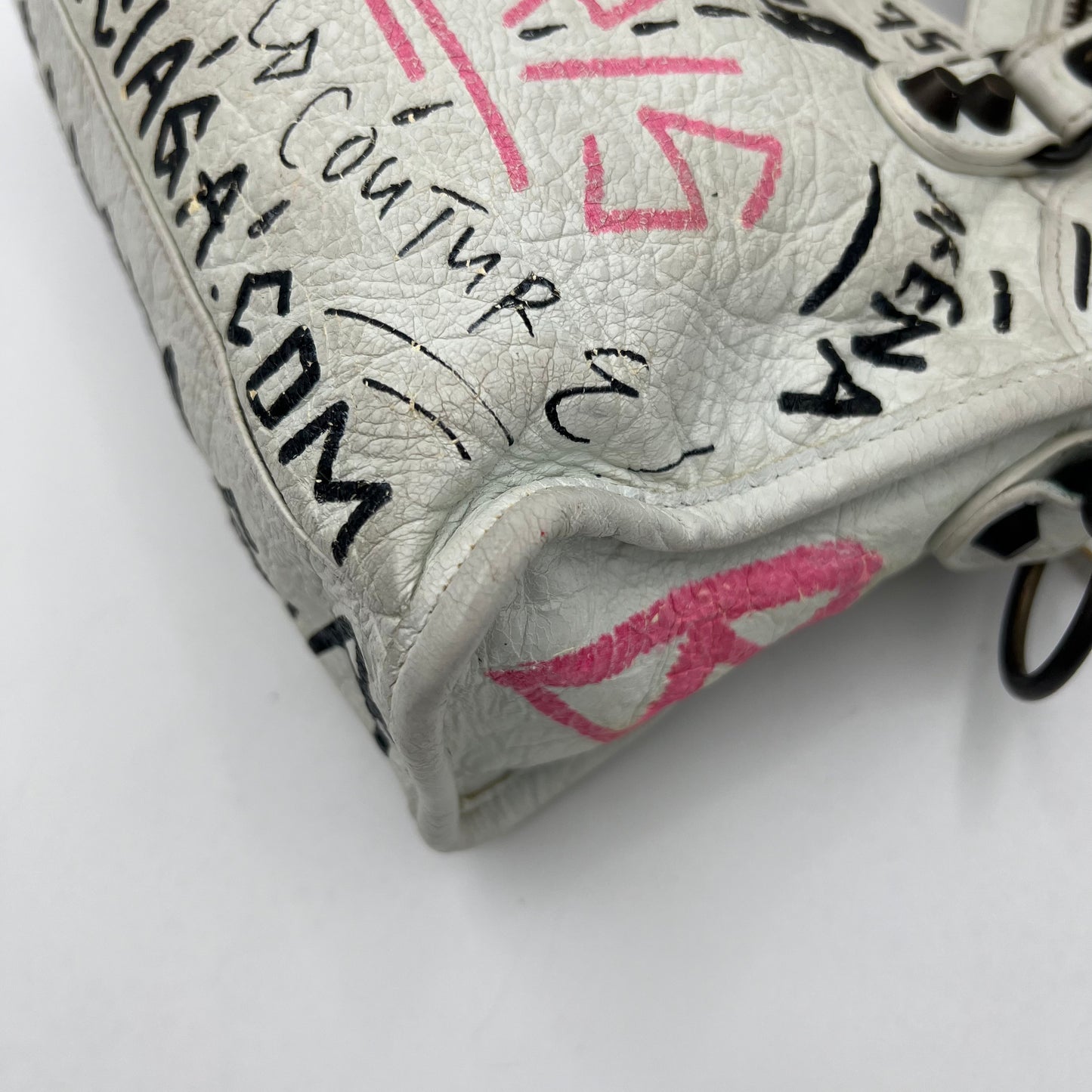Balenciaga White Leather Black and Pink Graffiti Classic Mini City