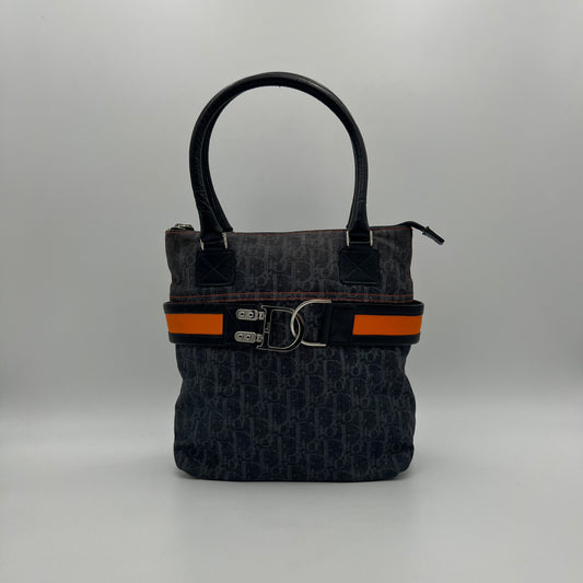 Christian Dior Navy Blue Trotter Red Leather Trim Handbag