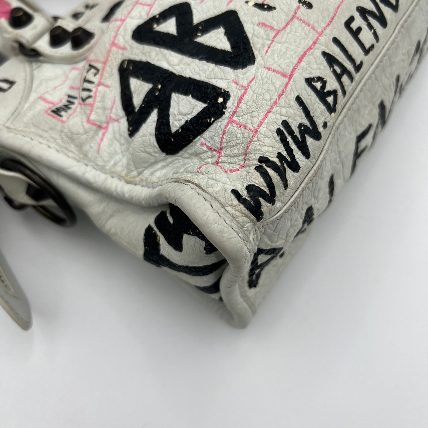 Balenciaga White Leather Black and Pink Graffiti Classic Mini City