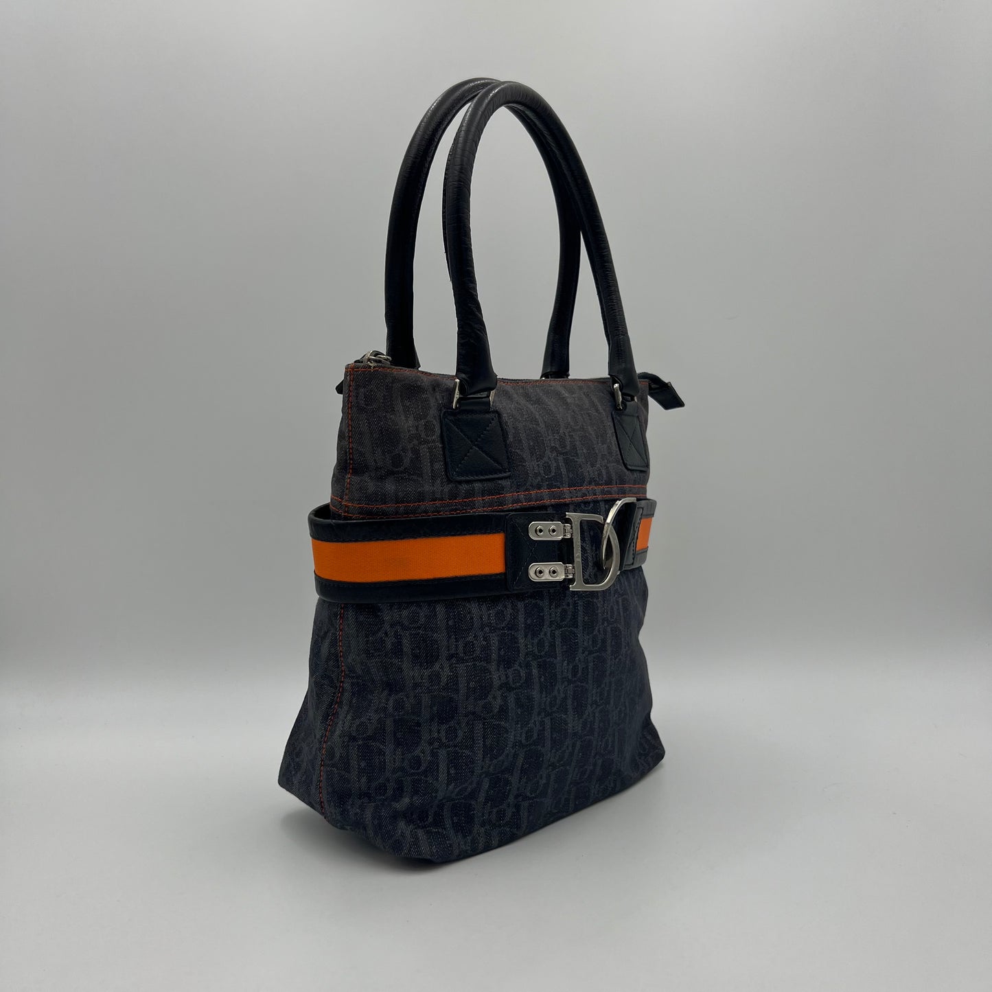 Christian Dior Navy Blue Trotter Red Leather Trim Handbag