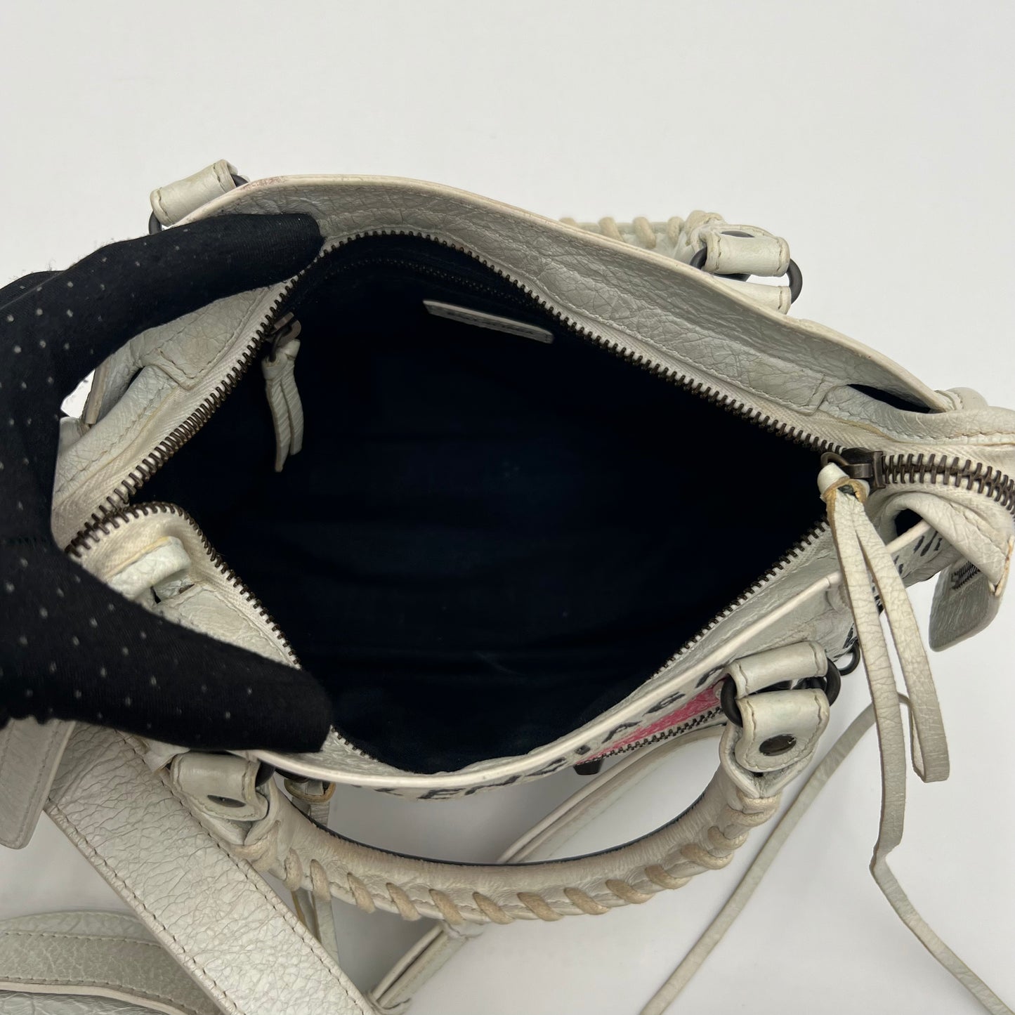 Balenciaga White Leather Black and Pink Graffiti Classic Mini City