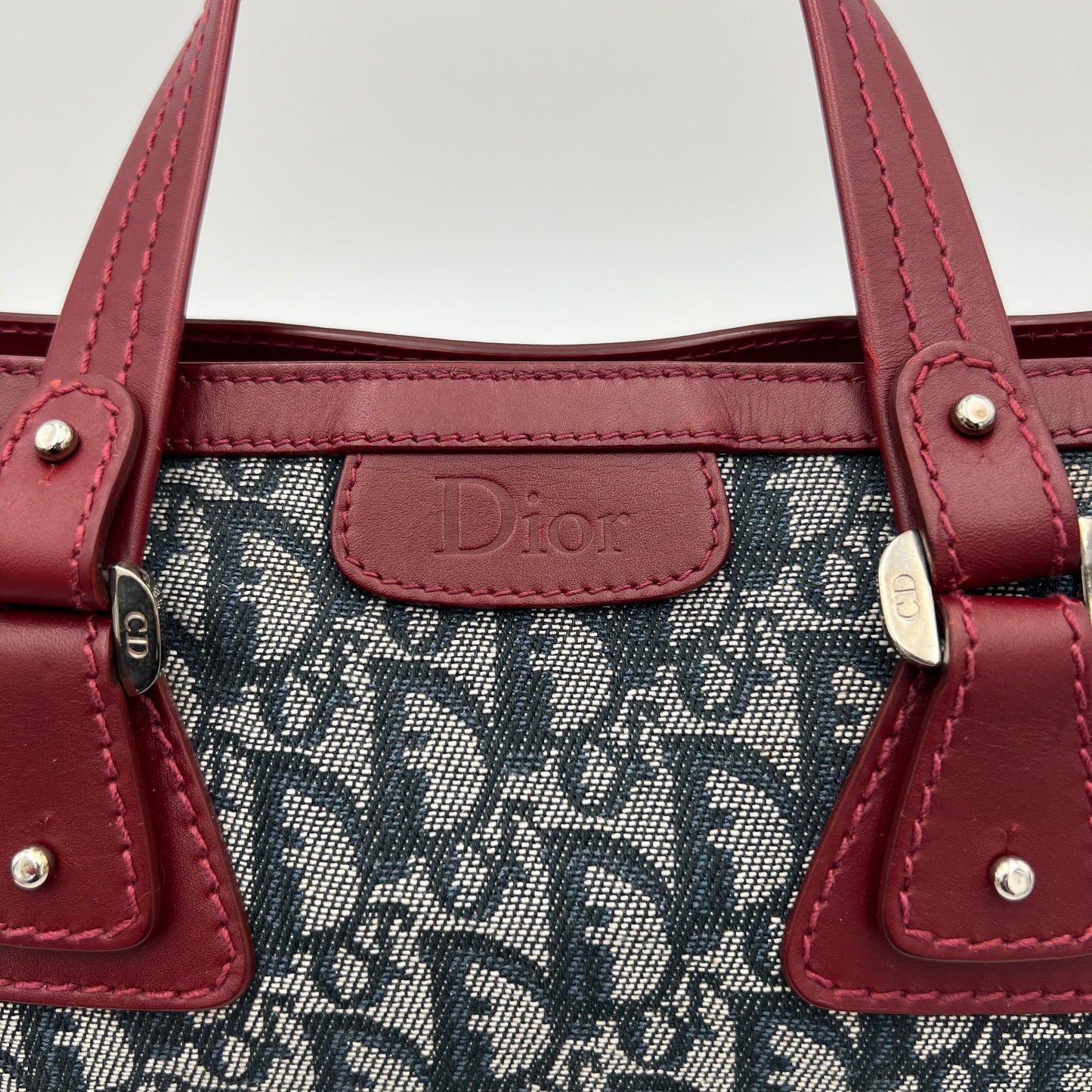 Christian Dior Navy Blue Trotter Red Leather Trim Handbag