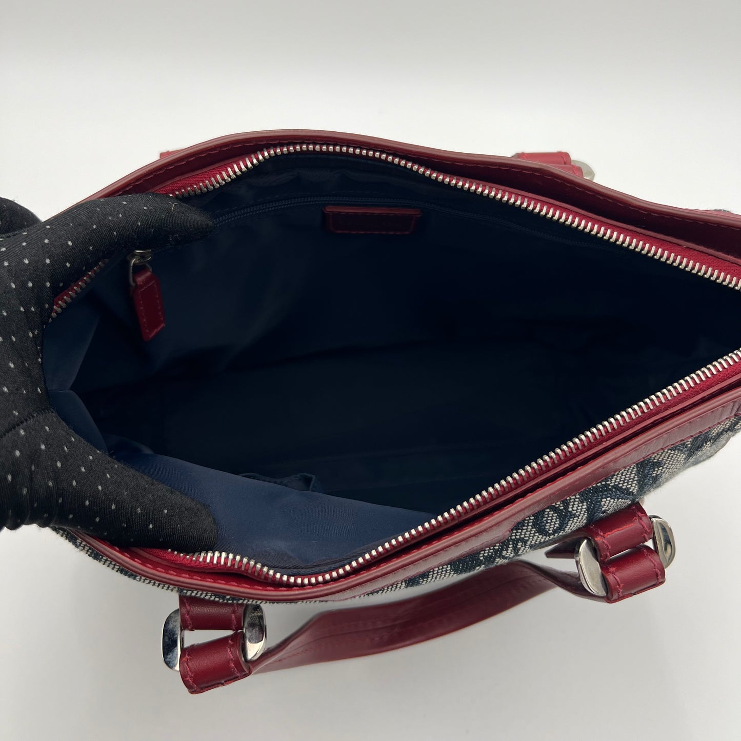 Christian Dior Navy Blue Trotter Red Leather Trim Handbag