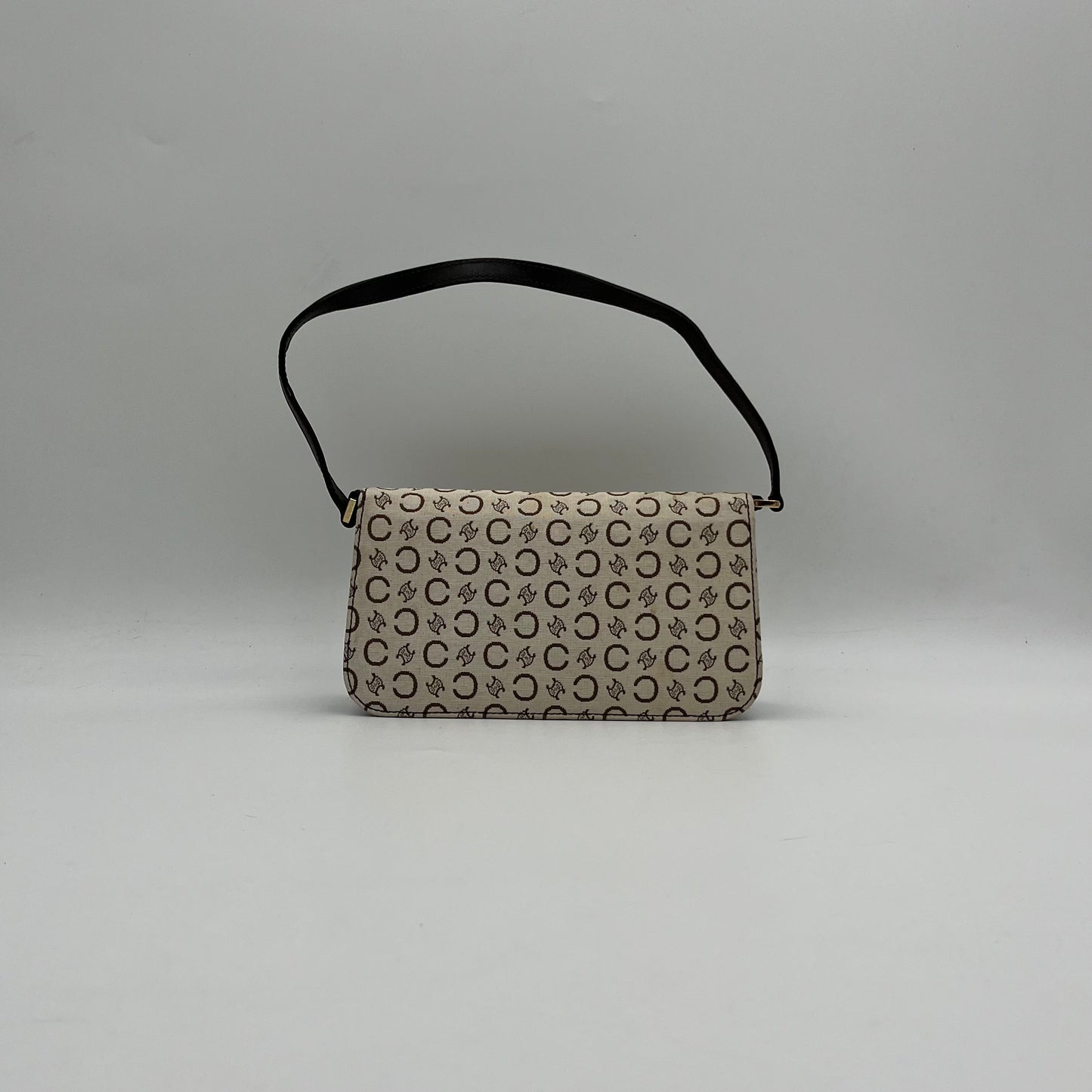 Celine Paris White Cloth Brown Leather C Macadam Flap Baguette