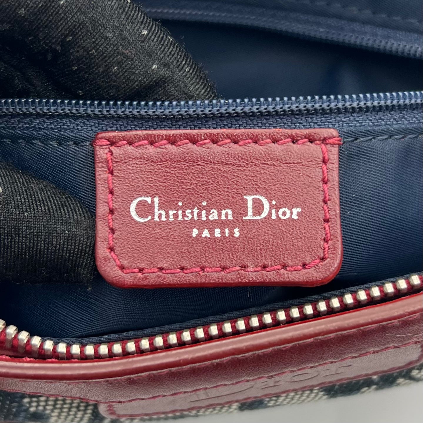 Christian Dior Navy Blue Trotter Red Leather Trim Handbag