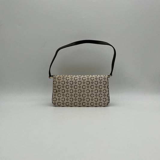 Celine Paris White Cloth Brown Leather C Macadam Flap Baguette
