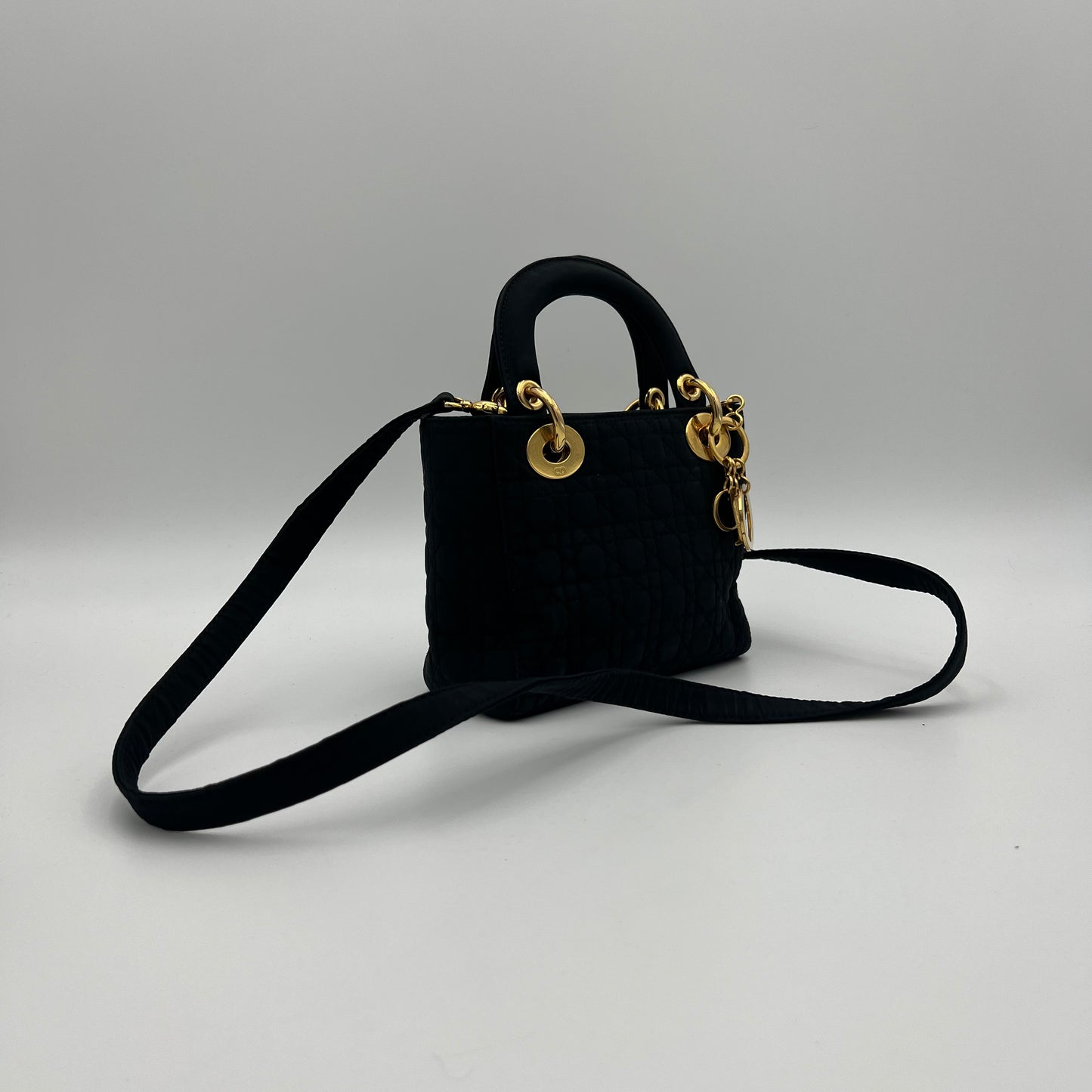 Christian Dior Dark Brown Nylon Cannage Mini Lady Dior with Long Strap GHW