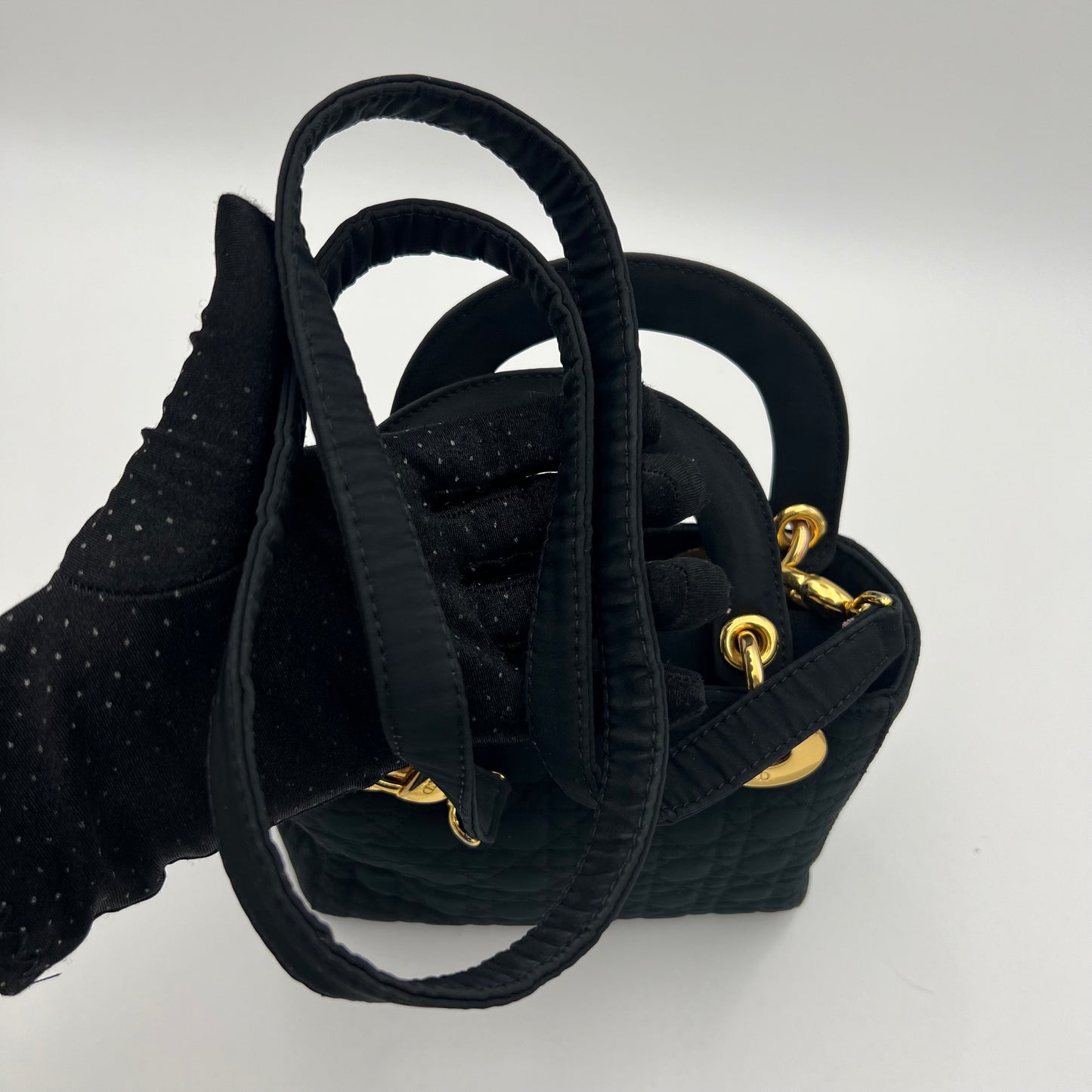 Christian Dior Dark Brown Nylon Cannage Mini Lady Dior with Long Strap GHW