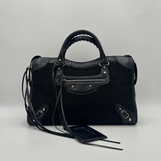 Balenciaga Black Mesh and Leather Metallic Hardware Classic City SHW