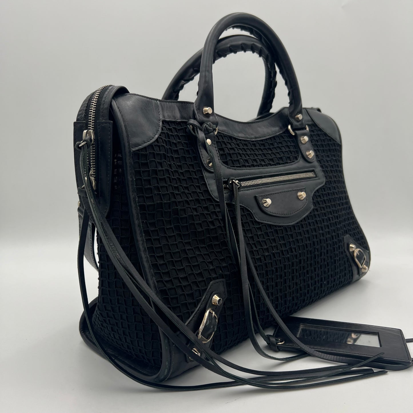 Balenciaga Black Mesh and Leather Metallic Hardware Classic City SHW