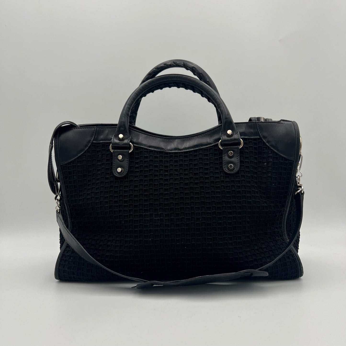 Balenciaga Black Mesh and Leather Metallic Hardware Classic City SHW