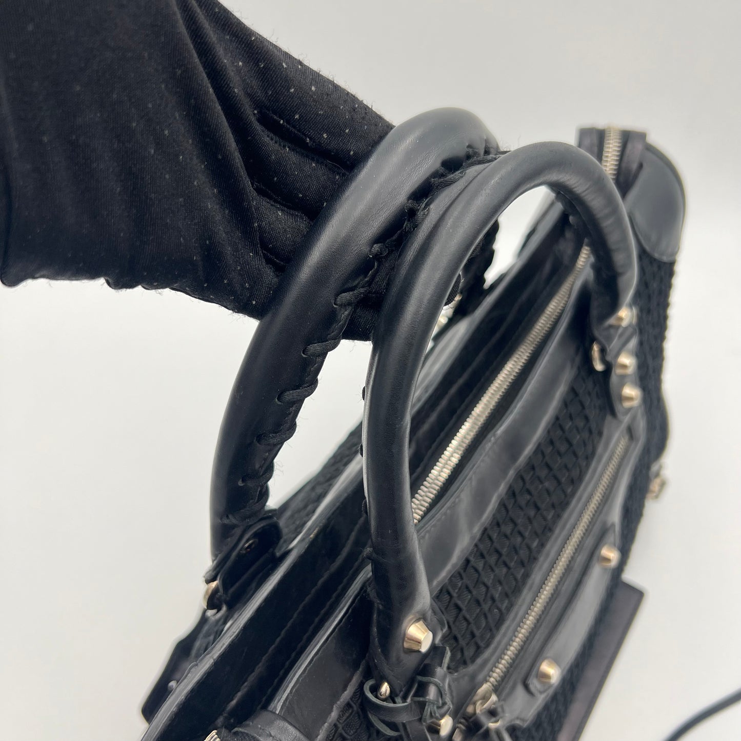 Balenciaga Black Mesh and Leather Metallic Hardware Classic City SHW