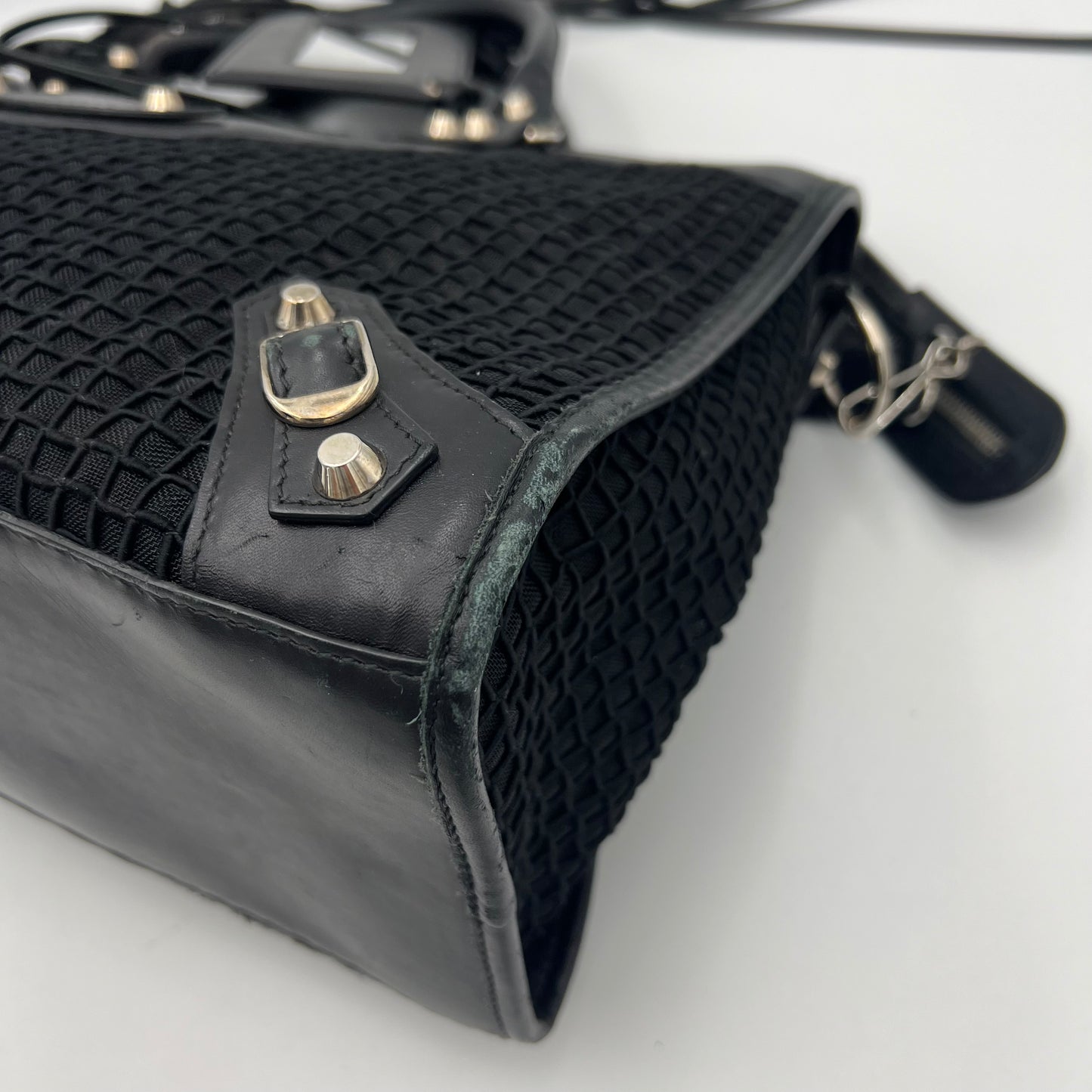Balenciaga Black Mesh and Leather Metallic Hardware Classic City SHW