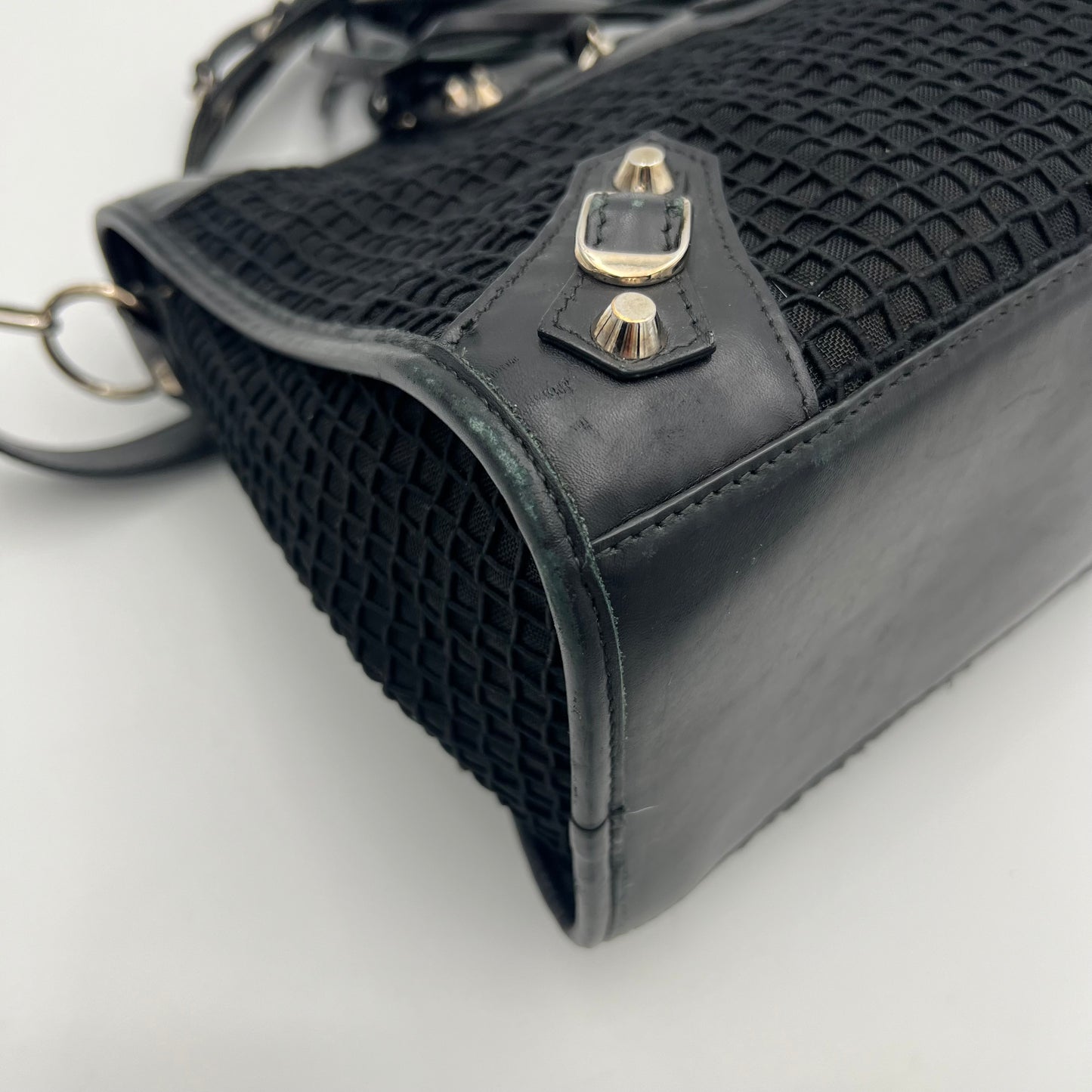 Balenciaga Black Mesh and Leather Metallic Hardware Classic City SHW