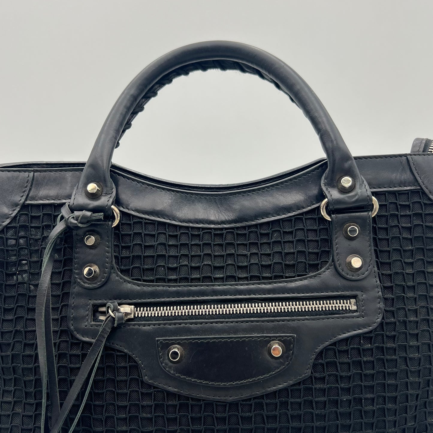 Balenciaga Black Mesh and Leather Metallic Hardware Classic City SHW