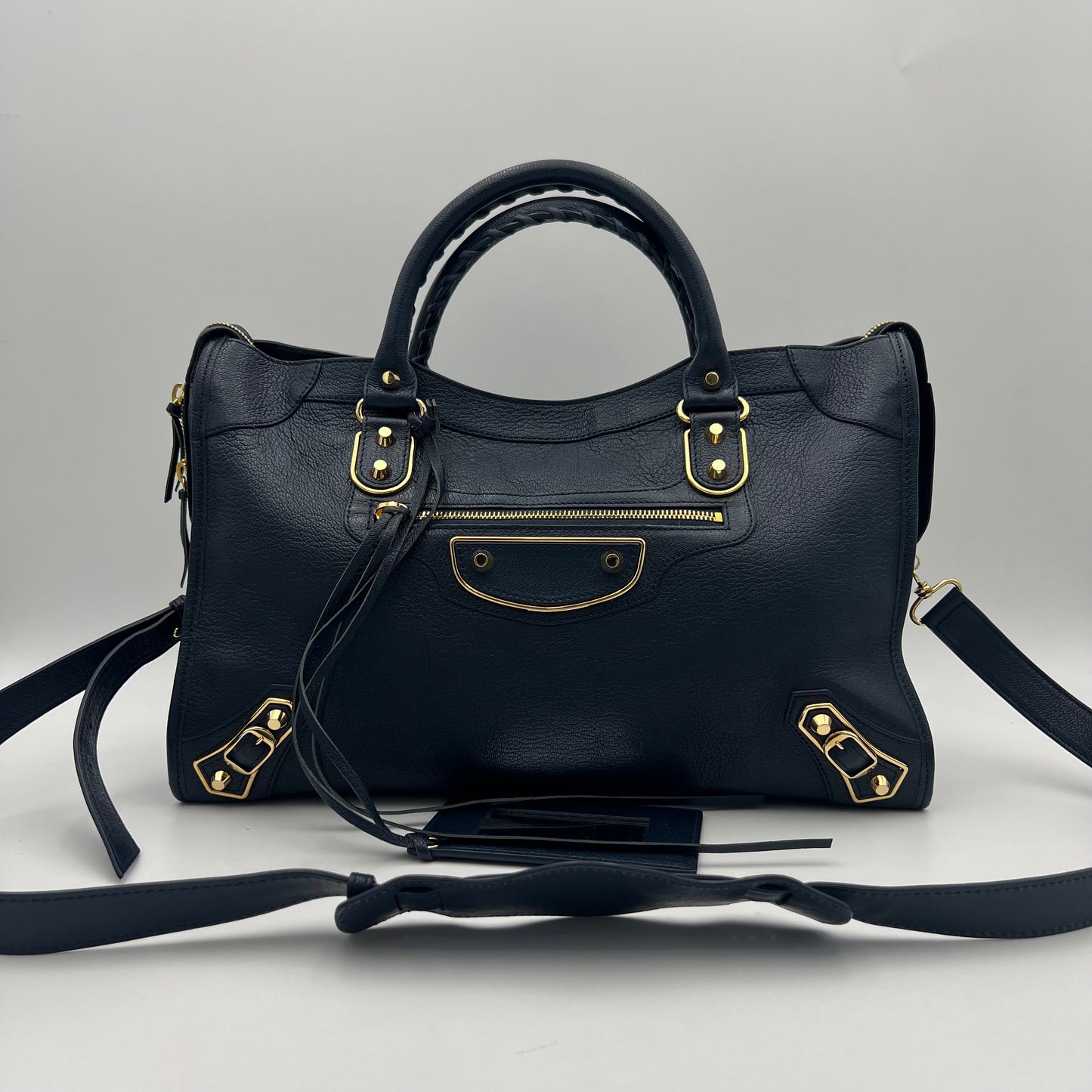 Balenciaga Navy Blue Leather Metallic Edge City Bag GHW